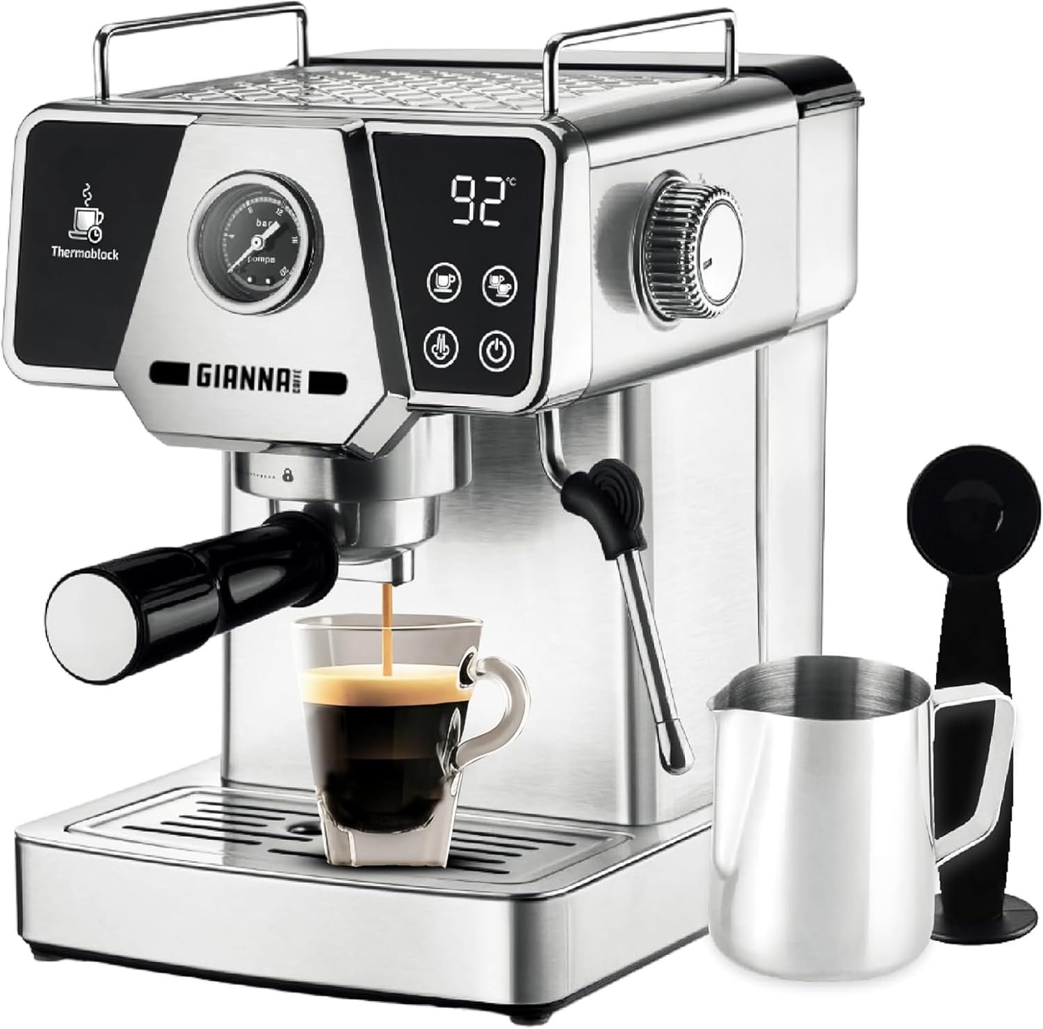 GIANNA Espresso Machine 20 Bar, Compact Espresso Maker with Steam Milk Frother, Stainless Steel Coffee Machine with 60oz Removable Water Tank for Cappuccino, Latte, Silver